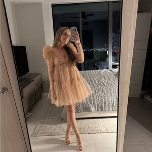 Elegant Tan Tulle Dress with Puff Sleeves